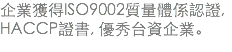 企業獲得ISO9002質量體係認證, HACCP證書, 優秀台資企業。